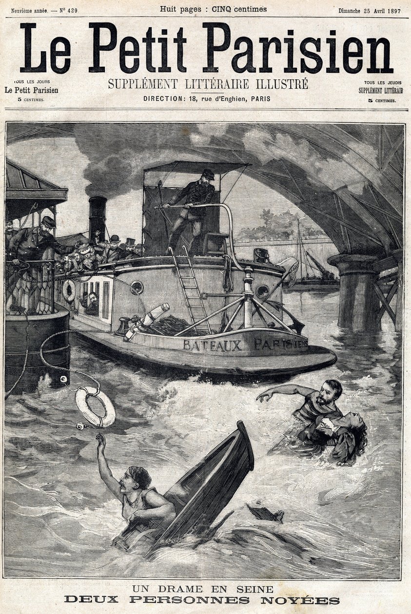 Acidente no Sena: duas pessoas em um barco afogado. No "Le Petit Parisien" em 25/04/1897. de Anonymous Anonymous