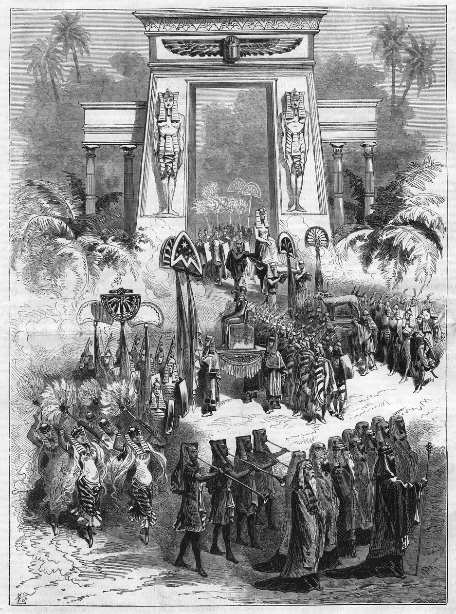 Acto II da peça, Aida. Grande ópera em quatro atos e sete quadros de Giuseppe Verdi (1813-1901) peças no teatro italiano em Paris. Gravura em "L