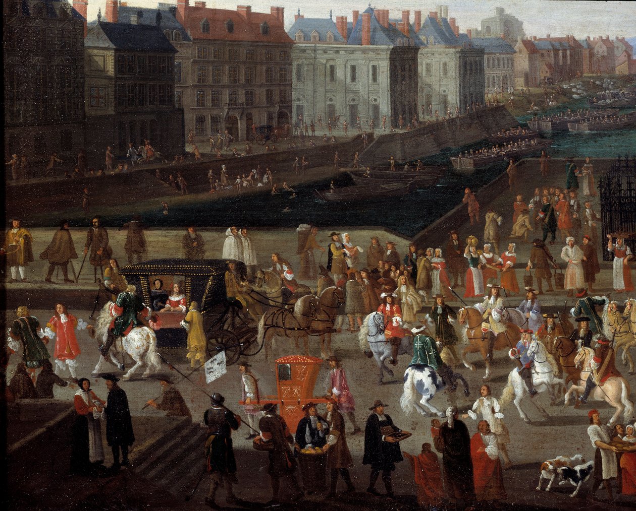 Actividades e passagem na Pont Neuf em Paris Pintura anónima do século XVII. Paris, Musee d