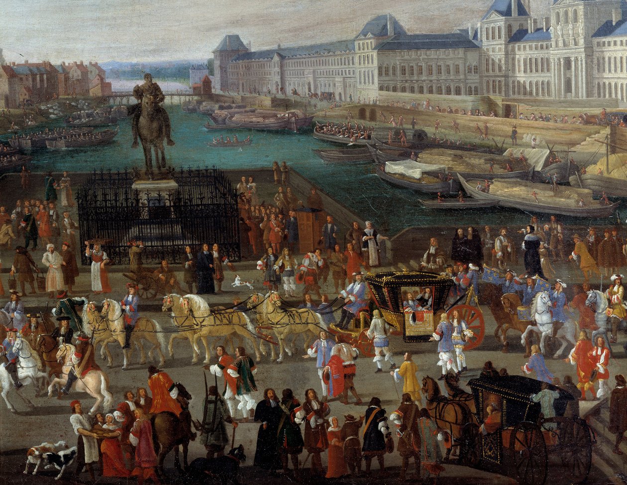 Actividades e passagem na Pont Neuf em Paris Pintura anónima do século XVII. Paris, Musee d