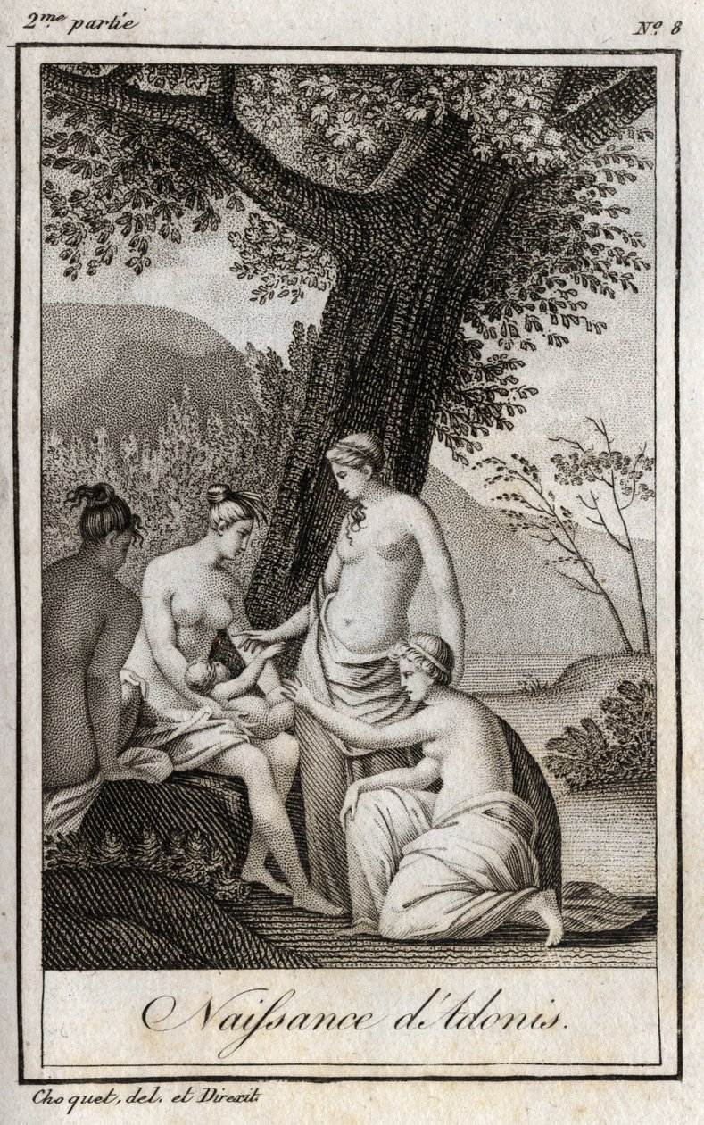 Adonis nasceu. Gravura de 1819 em "Lettres a Emilie sur la mythologie" de Charles Albert Demoustier (1760-1801). Coleção particular. de Anonymous Anonymous