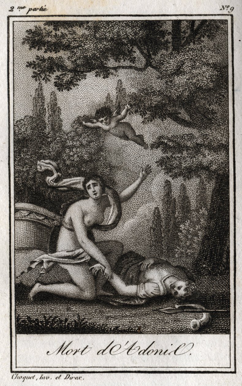 A morte de Adónis. Gravura de 1819 em "Lettres a Emilie sur la mythologie" de Charles Albert Demoustier (1760-1801). Coleção privada. de Anonymous Anonymous