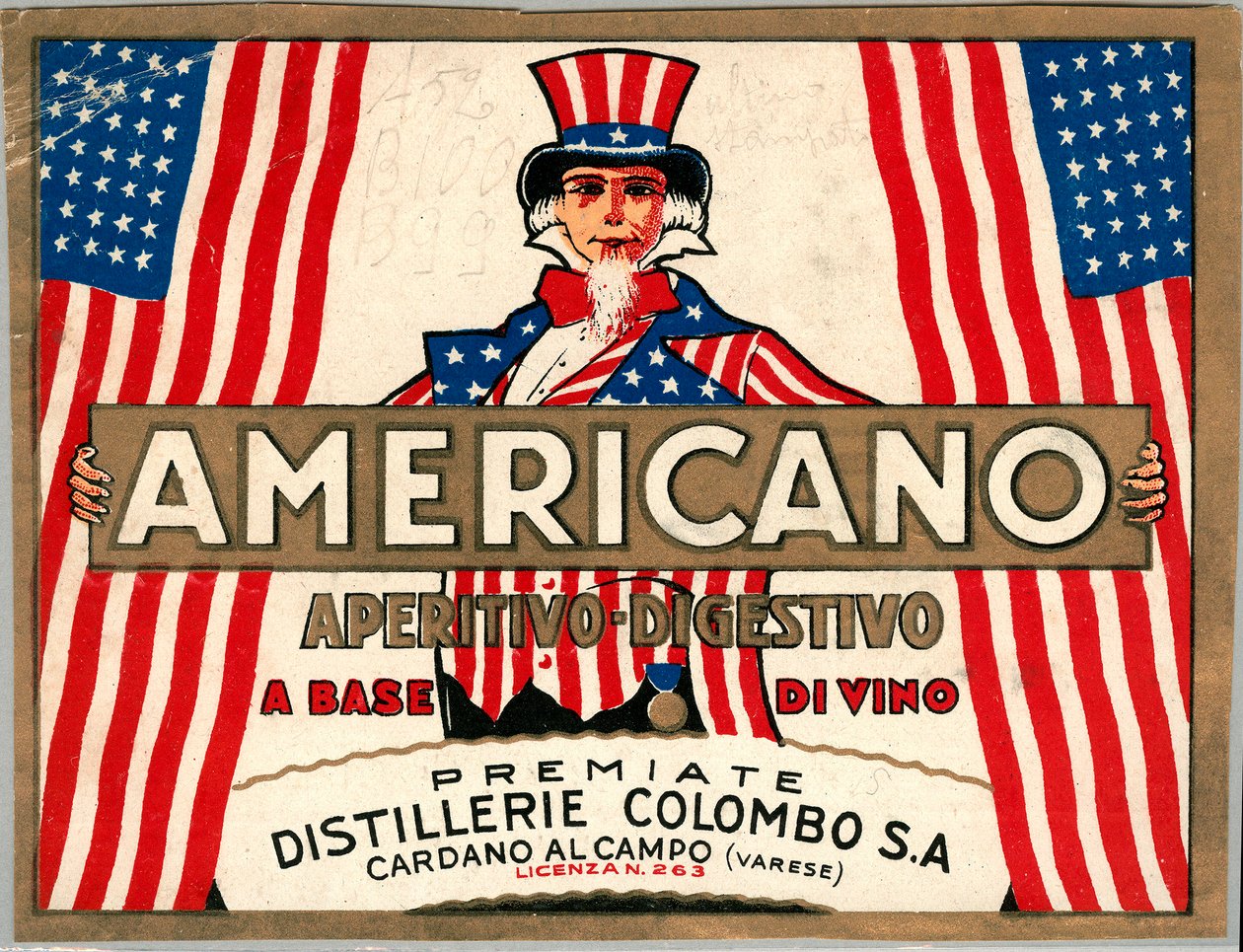 Anúncio para a bebida curta italiana Americano, com personificação alegórica da América Tio Sam de Anonymous Anonymous
