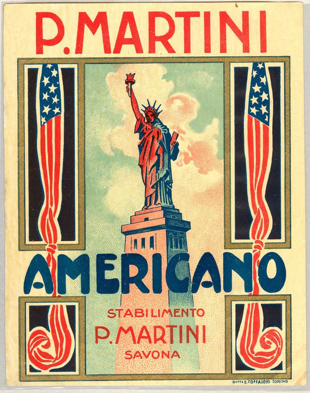 Anúncio para a bebida curta americana italiana Americano, com bandeira americana e estátua da liberdade de Anonymous Anonymous