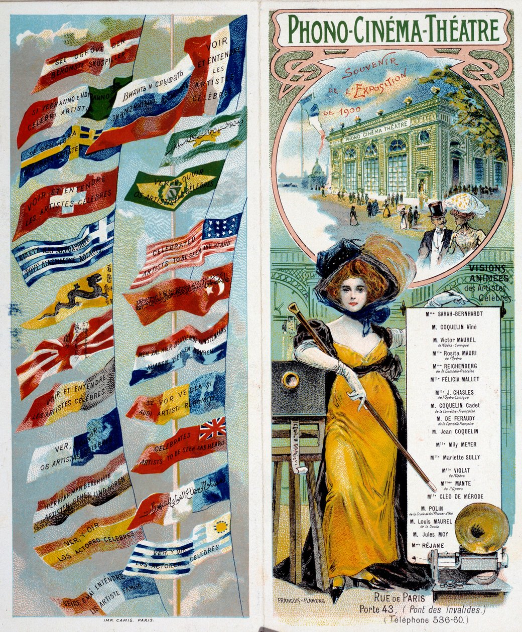 Publicidade: Phono - cinema - teatro: ver e ouvir artistas famosos. Cromolitografia publicada na Exposição Mundial de 1900 com as bandeiras de diferentes países. Paris, Musee Carnavalet - Cartaz publicitário "Phono - cinema - teatro: veja e ouça o f de Anonymous Anonymous