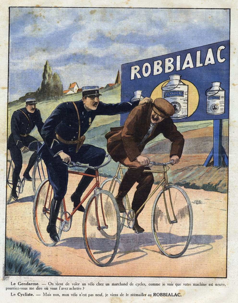 Publicidade para a pintura Robbialac: policiais acusam um ciclista de roubar sua bicicleta porque ele parece novo graças à pintura Robbialac. Gravura em "Le petit journal illustrious". de Anonymous Anonymous