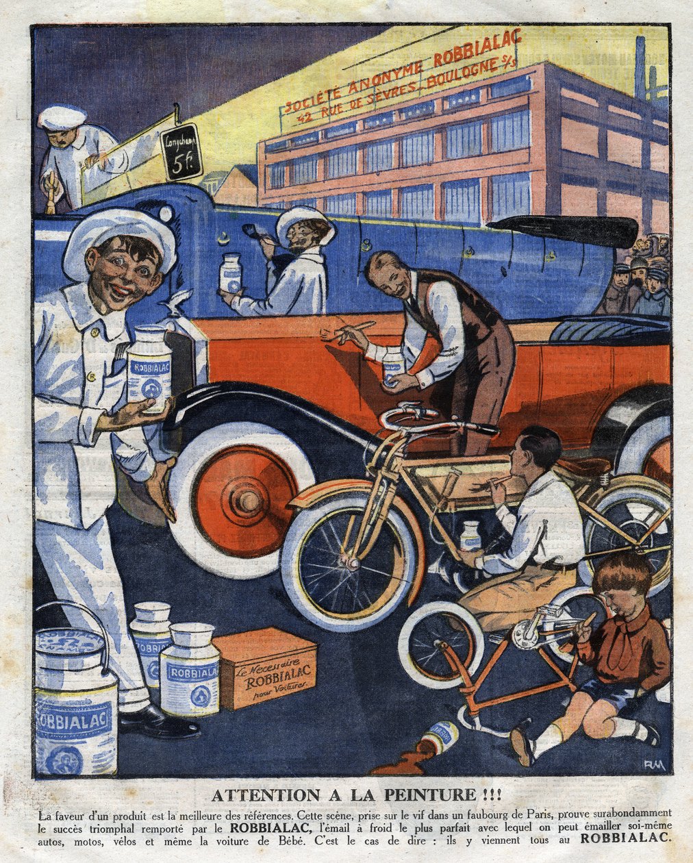 Ilustração publicitária para quadros Robbialac adequado para todos os usos (carro, carro, motocicleta, moto). Ilustração do "Le petit journal" 22/02/1925 Coleção privee de Anonymous Anonymous