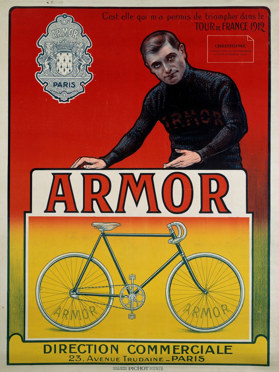 Cartaz publicitário da bicicleta "Armor" com o ciclista Eugene Christophe (1885-1970), vencedor de 3 etapas e 2º da classificação geral do Tour de France de 1912: "Foi ela que me permitiu triunfar no Tour de France de 1912, sd 20º cen de Anonymous Anonymous