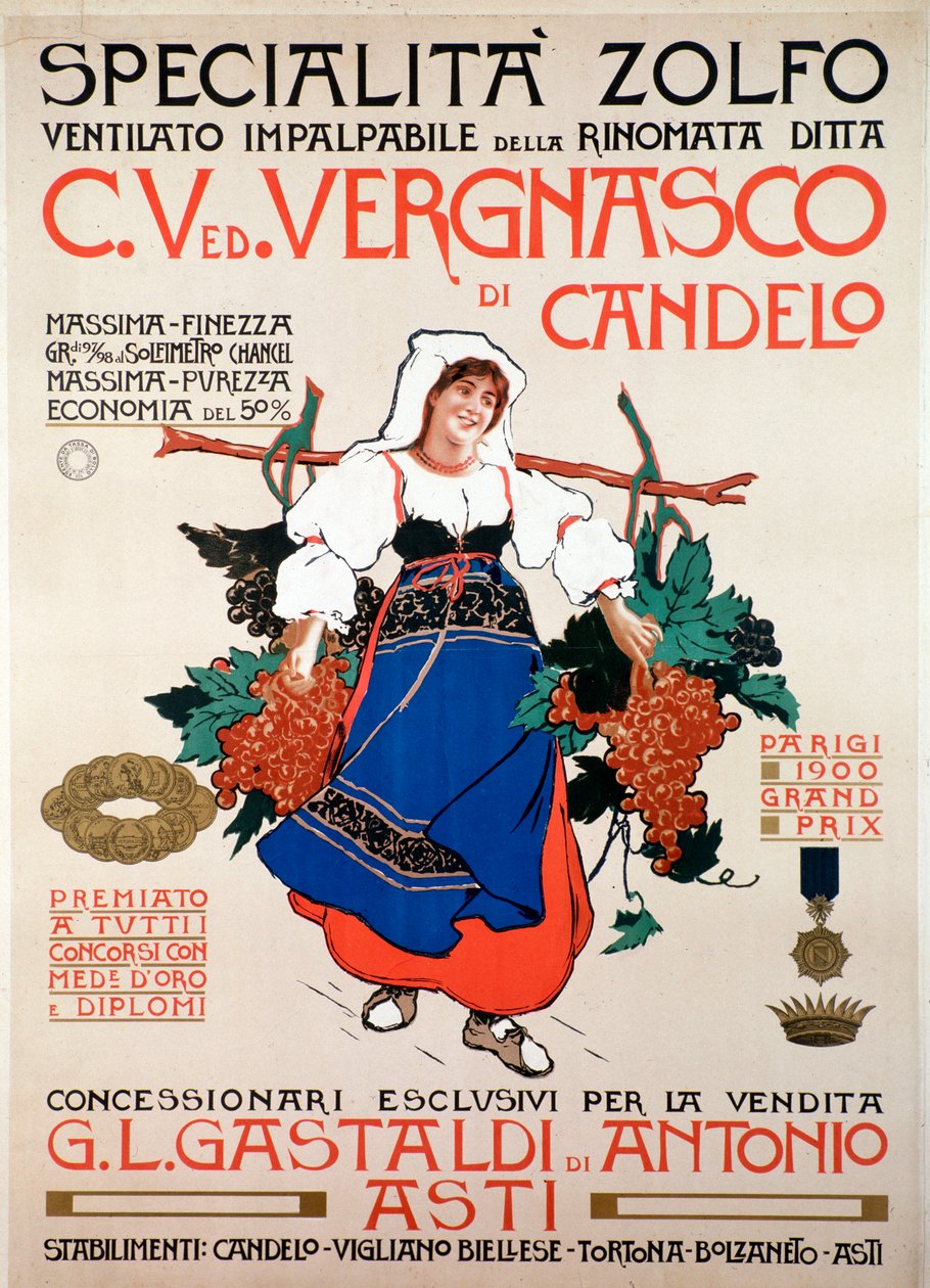 Cartaz publicitário para o fungicida enxofre com neve produzido pela empresa italiana Vergnasco Candelo, Século XX de Anonymous Anonymous