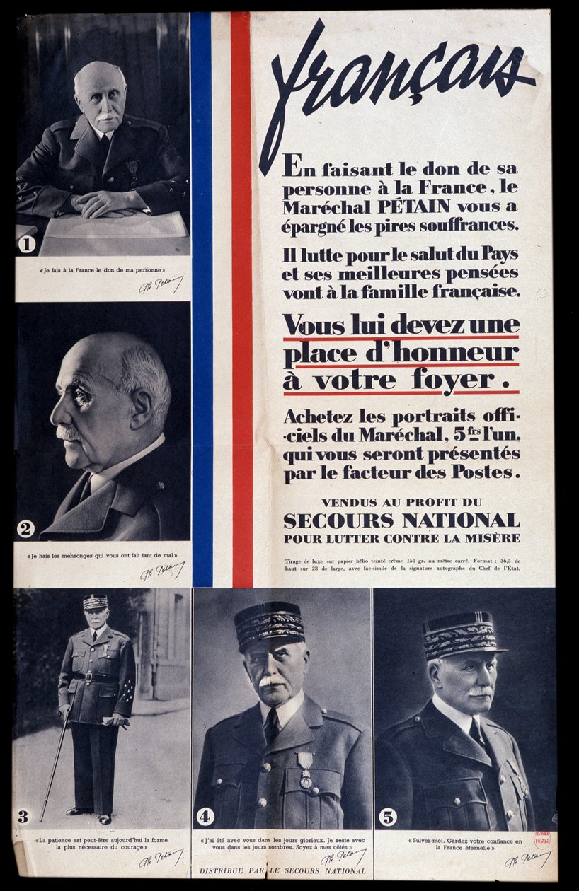 Cartaz publicitário para a venda de retratos do Marechal Philippe Petain durante a Segunda Guerra Mundial e elogio ao Petain (vendido em benefício da ajuda nacional para combater a pobreza) de Anonymous Anonymous