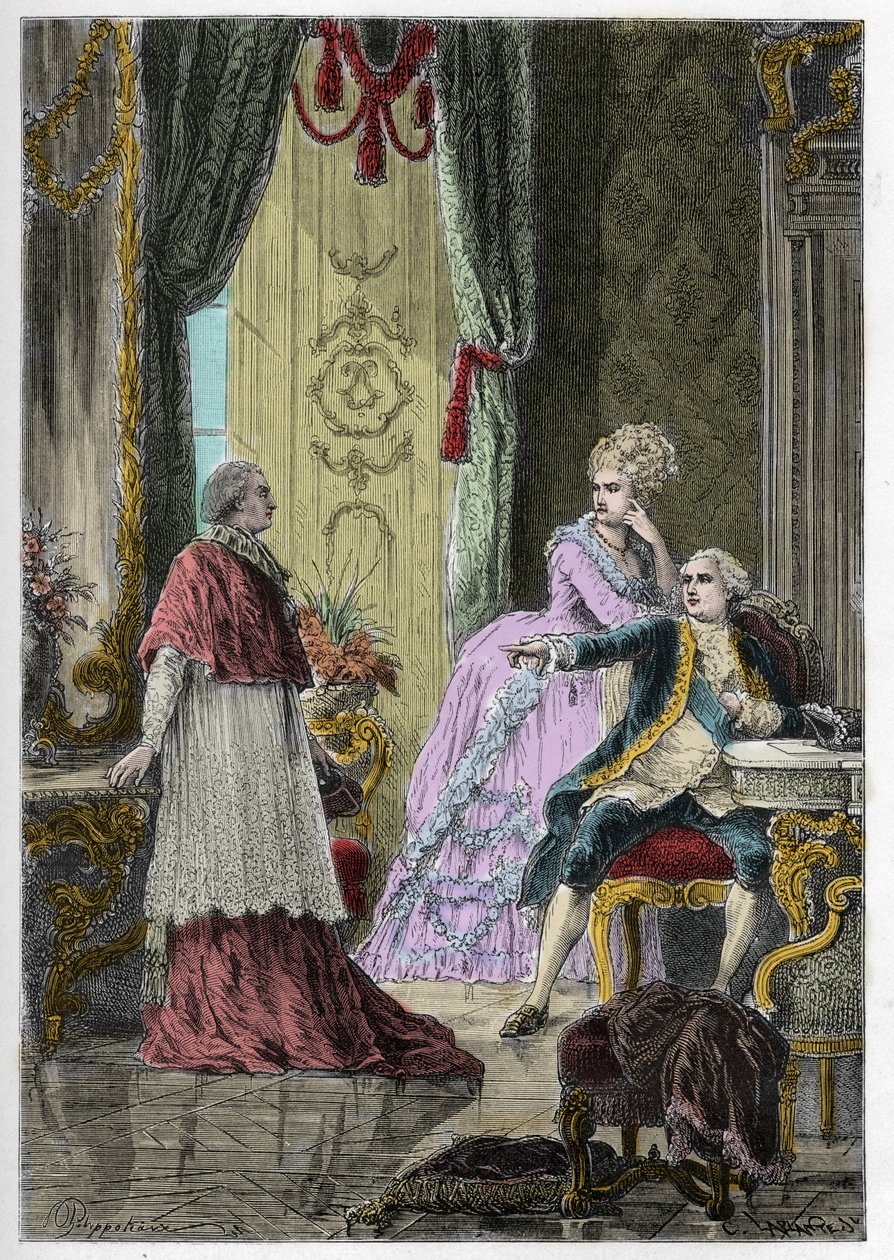 Caso do Colar da Rainha (1785-1786): Cardeal Louis Rene Edouard de Rohan (1734-1803) perante o Rei Luís XVI (1754-1793) e a Rainha Maria Antonieta (1755-1793) de Anonymous Anonymous