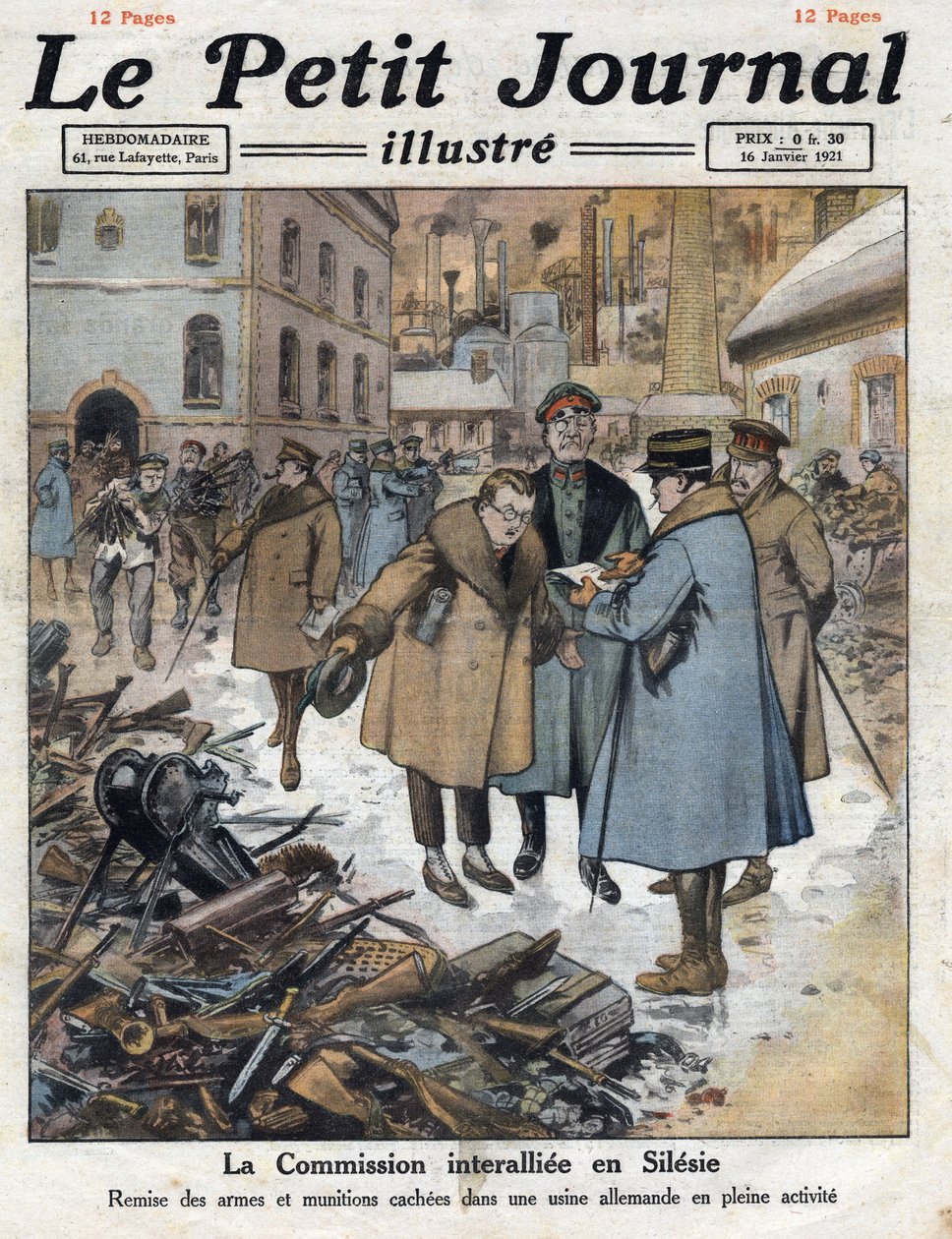 Depois da guerra: Revolta na Alta Silésia entre as comunidades alemã e polaca. A Comissão Interallied (inter-allied, inter-allied) intervém na Silésia e recole as armas das fábricas alemãs. Ilustração retirada do "Le petit journal" de de Anonymous Anonymous