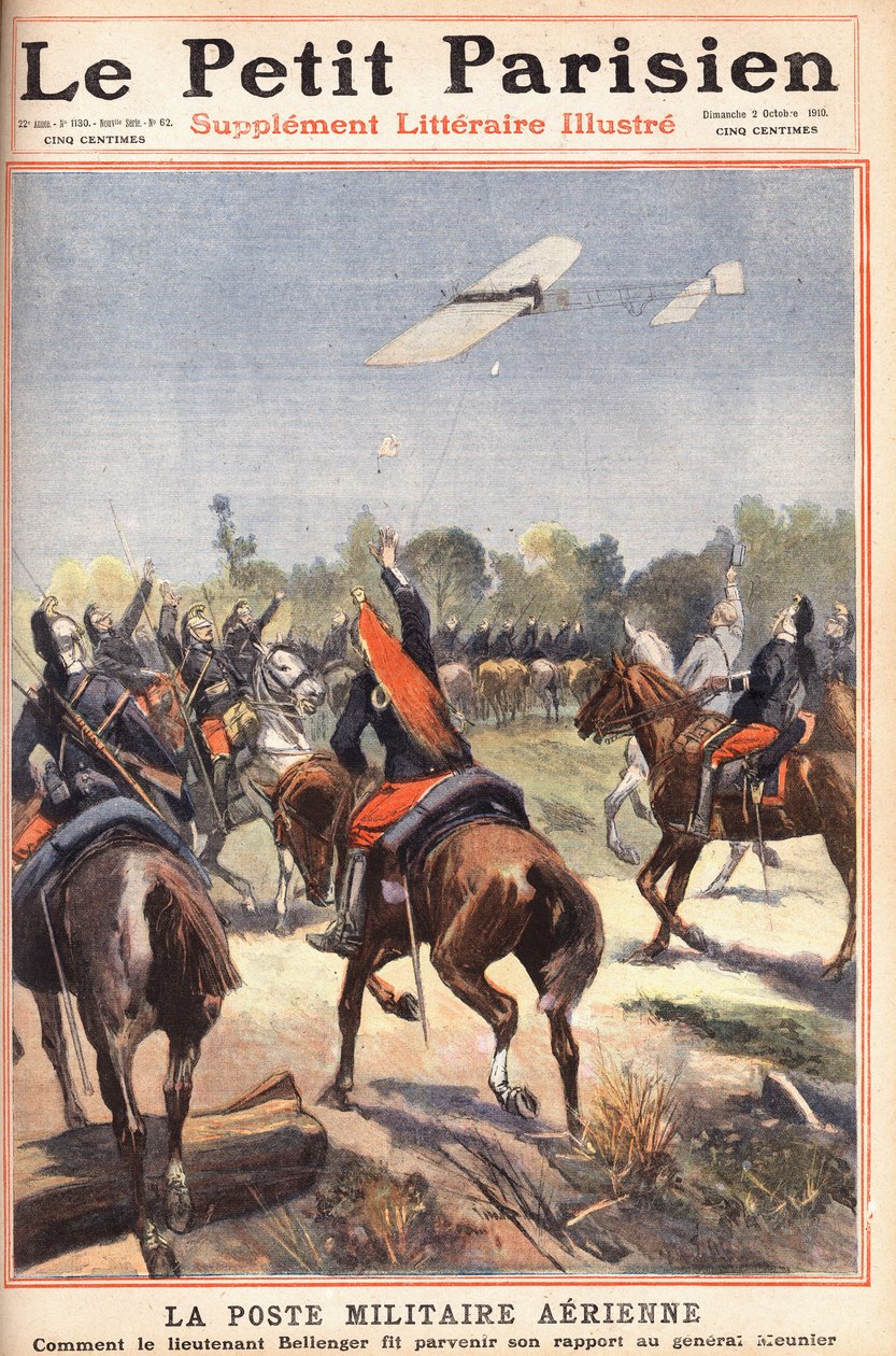 Posto militar aéreo: como o Tenente Georges Bellenger (1878-1977) enviou o seu relatório ao General Meunier, Une du journal "Le petit parisien" em 2/10/1910 (gravura) de Anonymous Anonymous