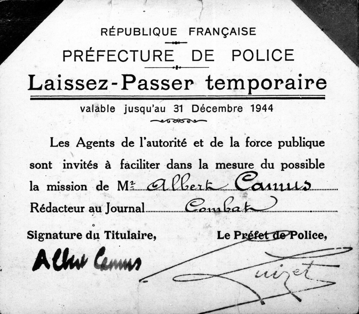 Passe temporário Albert Camus, válido até 31 de dezembro de Anonymous Anonymous