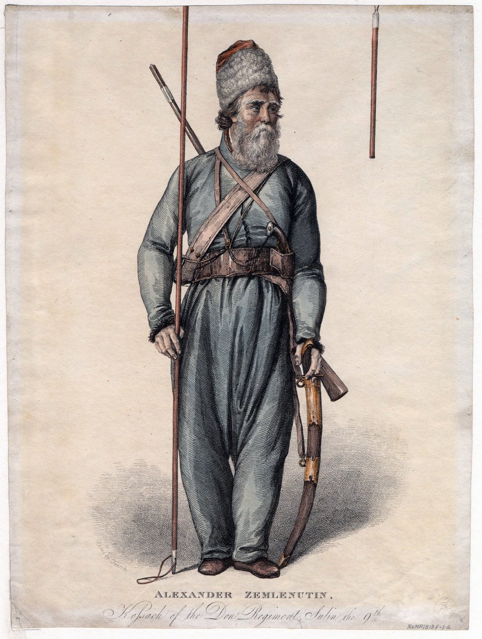 Alexander Zemlyanukhin, cossaco do Regimento Don - Anónimo - ca 1813 - Gravura, aguarela - 34,3x25,3 - Colecção Privada de Anonymous Anonymous