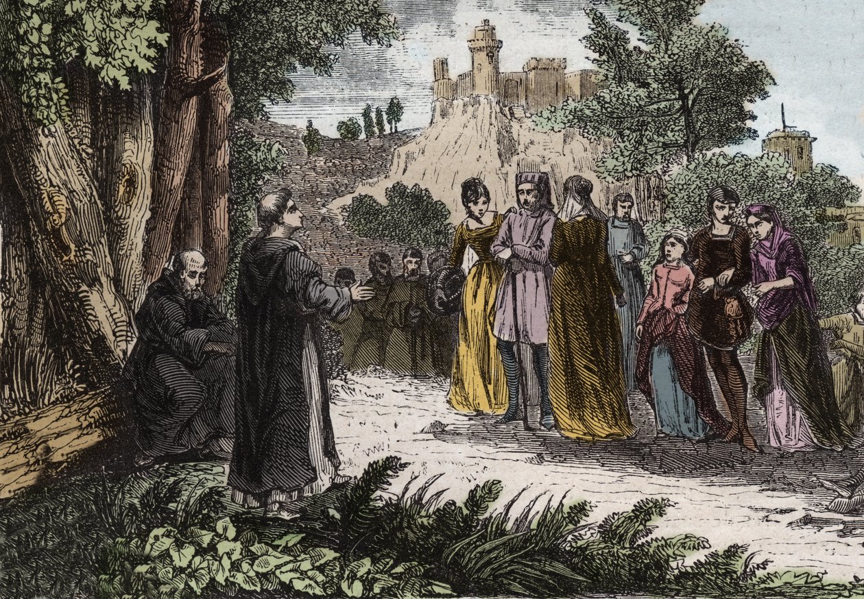 Heresia alienígena - pregação de São Domingos ao Albigense - Santa Domingas (Dominica de Guzman) (1170-1221) pregação aos Albigeois - Gravura de 1846 em "Vidas dos Santos". Coleção privada. de Anonymous Anonymous