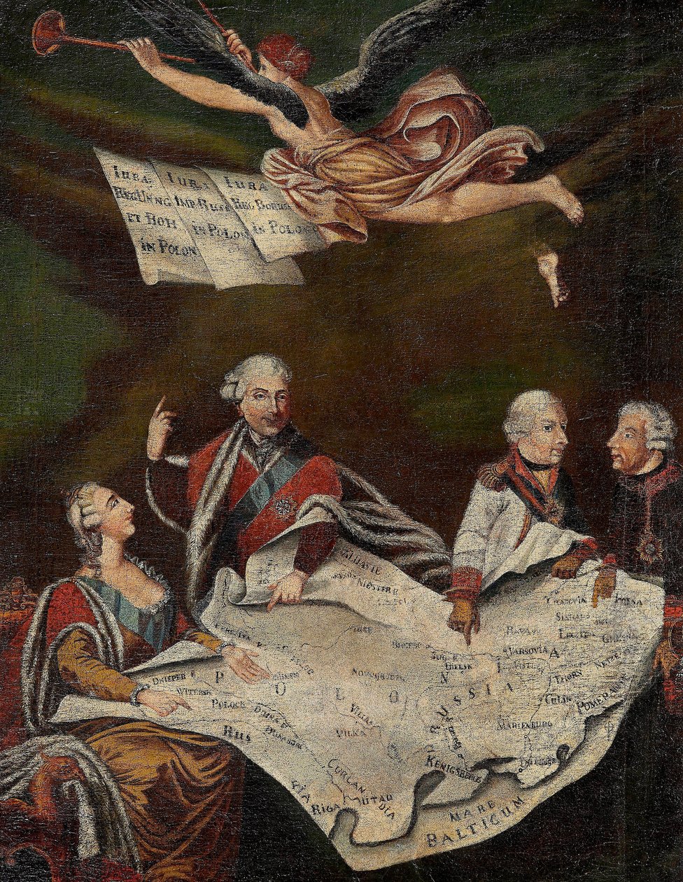 Alegoria da divisão da Polónia entre Catarina II da Rússia (1729-1796), Estanislau II de Agosto (Stanislaw August Poniatowski de Anonymous Anonymous