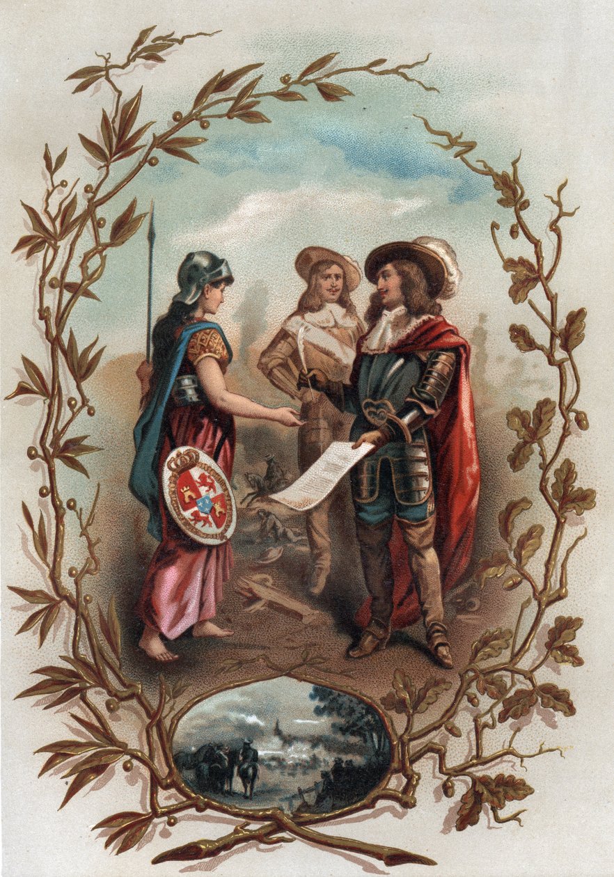 Alegoria relacionada com o Tratado de Aachen. Assinado a 2 de Maio de 1668 entre França e Espanha, pôs fim à Guerra da Devolução e entregou a Flandres à França. Cromolitografia em "Turenne; sa vie, les institutions militaires de son temps" (1884) de Jules  de Anonymous Anonymous