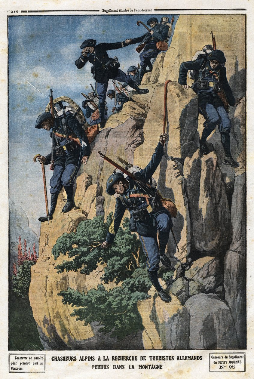 Caçadores alpinos à procura de turistas alemães perdidos. Eles queriam ir para a montanha Nero (Helmet du Nero) do maciço de Chartreuse. Gravura no "Le Petite Journal", em 7/07/1912. Coleção privada. de Anonymous Anonymous