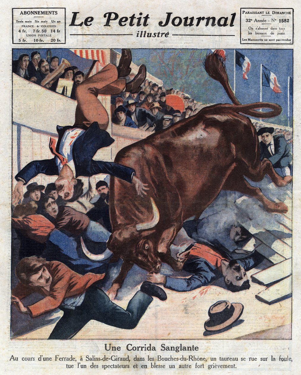 Um acidente durante uma tourada em Salins-de-Giraud (Salins de Giraud) (Bouches du Rhone), um touro precipita-se na multidão ferindo um dos espectadores. Ilustração do "Le petit journal" de 17/04/1921, coleção particular de Anonymous Anonymous