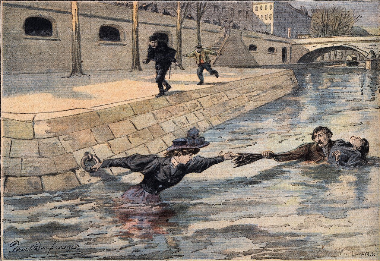 Um resgate engenhoso: perto da ponte do Santo Padre, uma mulher que se precipitou no Sena é salva por um homem que ajudou outra mulher. Gravura do jornal "Le Petite Parisien", 8/03/1908. Coleção privada. de Anonymous Anonymous