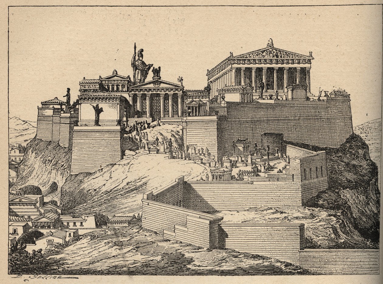 Grécia Antiga: o Partenon, templo de Atena, na colina da Acrópole de Atena (Grécia Antiga): Atenas, Acrópole - Pártenon - gravura de 1890 de Anonymous Anonymous