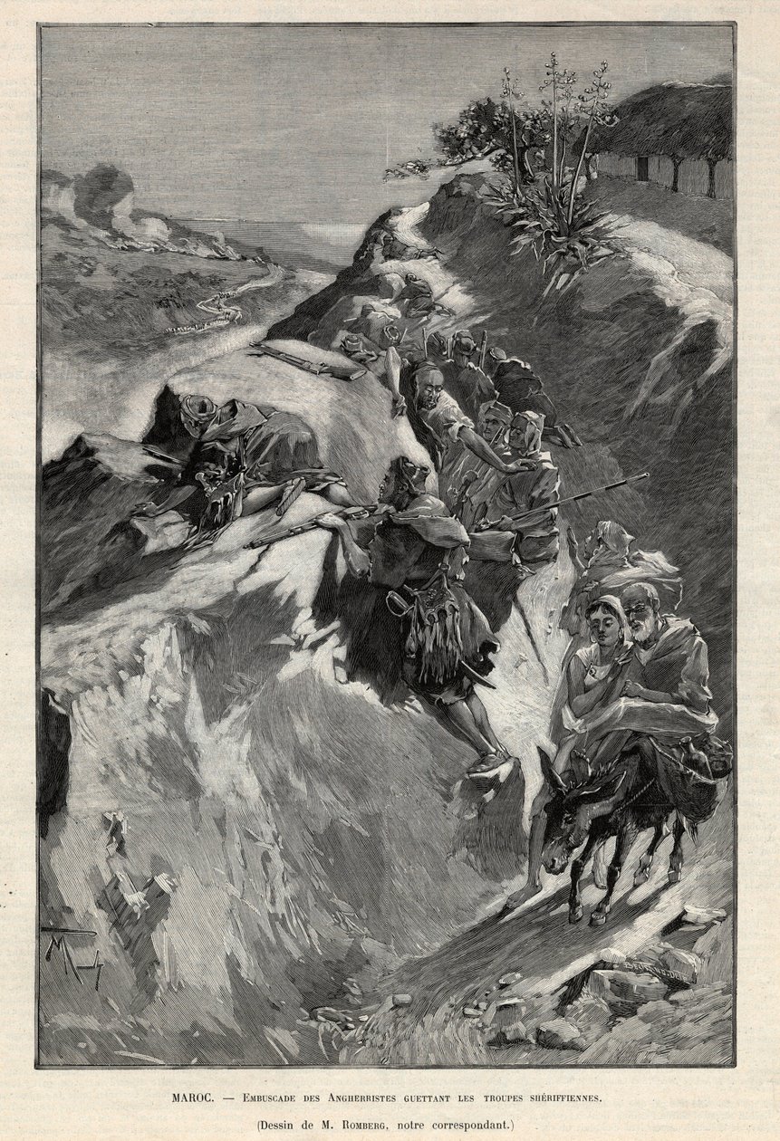 Andjera insurreição da montanha em Marrocos: emboscada de Angherrists à espera das tropas xeriffianas. Gravura em "Le monde illustree" de 1892. Colecção privada. de Anonymous Anonymous