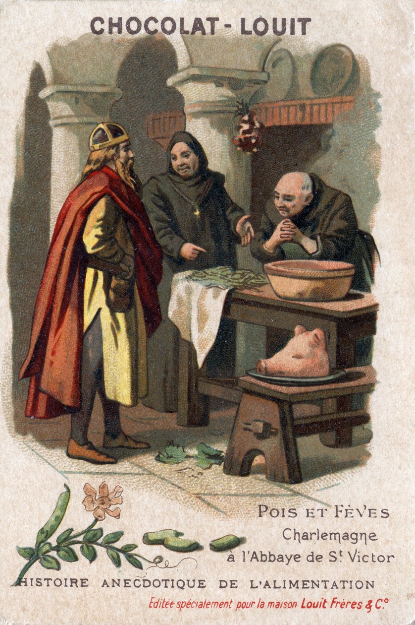 História anedótica da comida: ervilhas e feves. Carlos Magno (Carlos I, conhecido como Carlos o Grande, 742-814) pede a receita aos monges da Abadia de São Victor que preparavam ervilhas de uma forma notável. Cromolitografia de Chocolate-Louit, no final do de Anonymous Anonymous