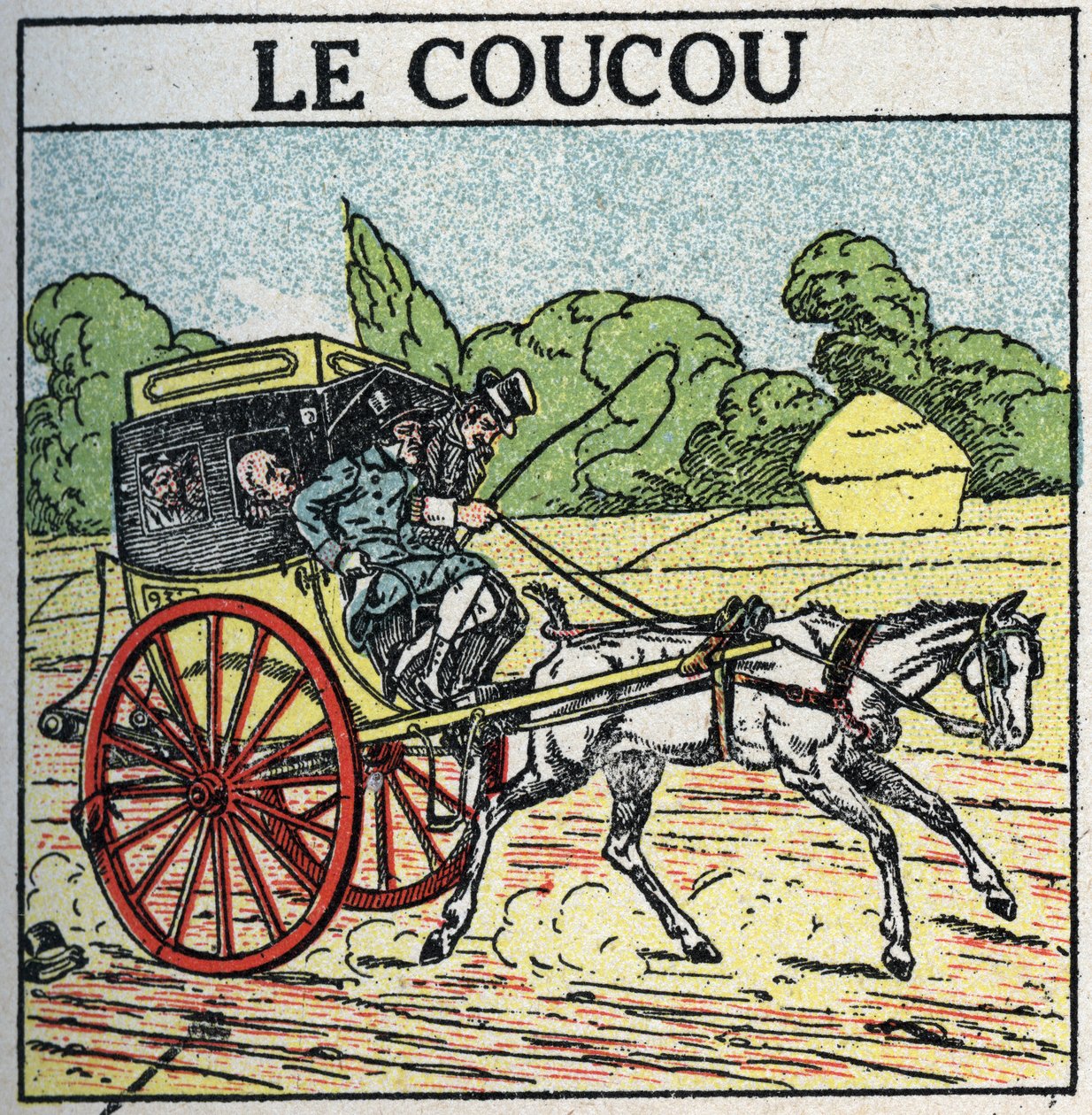 Tração animal: cuco, transporte público utilizado na França de meados do século XVIII a meados do século XIX, também chamado de "vaso de câmara". Ilustração anónima a partir de 1925. Colecção privada. de Anonymous Anonymous