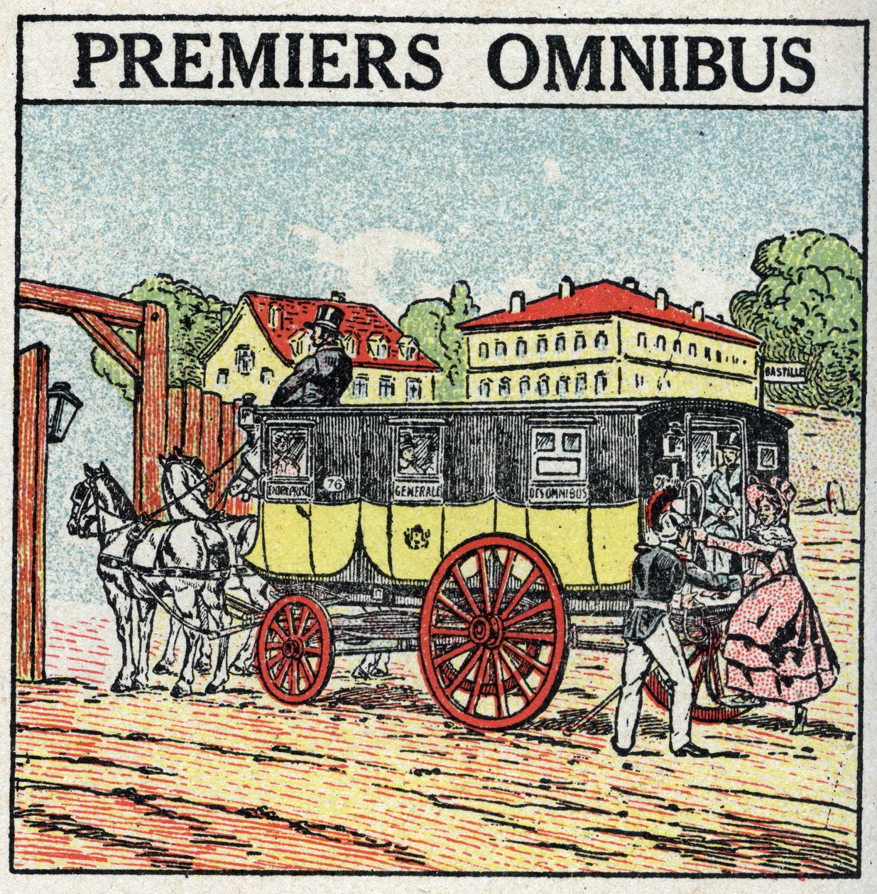 Tracção animal: primeira vez que o Omnibus surgiu em França sob Charles X (1824-1830). Ilustração anónima a partir de 1925. Coleção privada. de Anonymous Anonymous