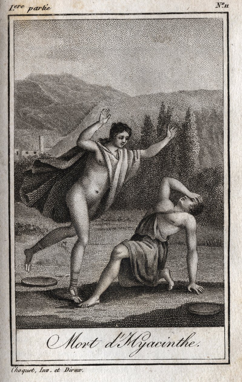 Apolo e Jacinto (Morte de Jacinto) Gravura de 1819 em "Lettres a Emilie sur la mythologie" de Charles Albert Demoustier (1760-1801). Coleção particular. de Anonymous Anonymous