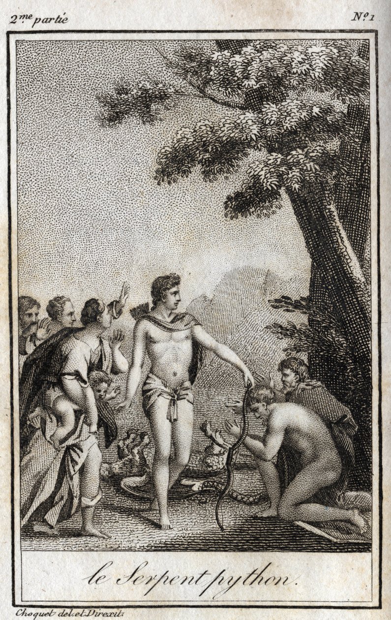 Apollo e a cobra Python no Monte Parnassus. Gravura de 1819 em "Lettres a Emilie sur la mythologie" de Charles Albert Demoustier (1760-1801). Coleção privada. de Anonymous Anonymous