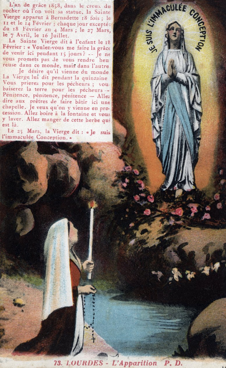 Aparição da Virgem Maria Bernadette Soubirous (1844-1879) na caverna de Lourdes - Pirinéus Hautes (65) cartão postal por volta de 1900. de Anonymous Anonymous