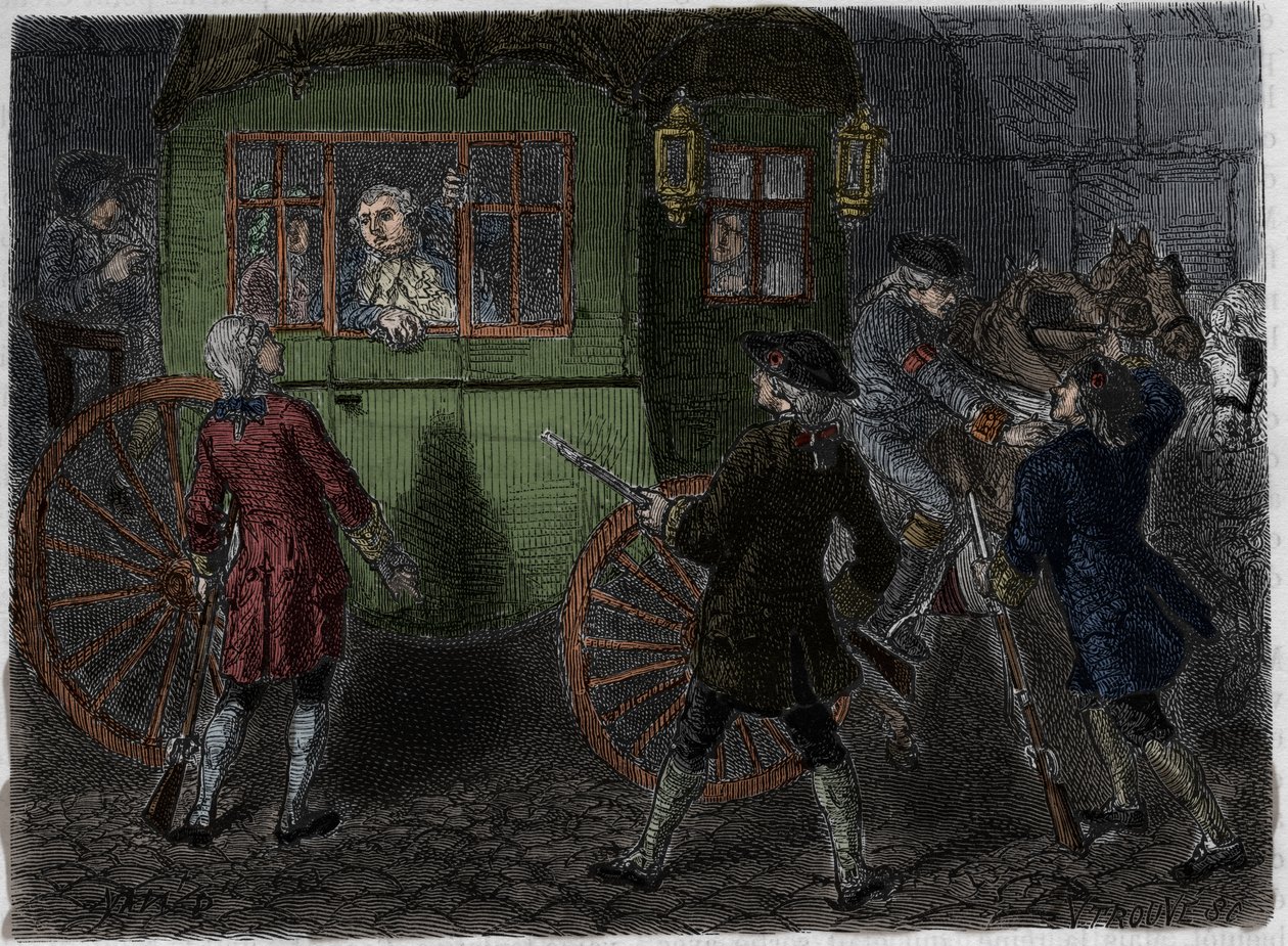 Prisão de Luís XVI (1754-1793) e da sua família em fuga, em Varennes, a 21 de Junho de 1791. Gravura de 1866 em "Histoire de la Revolution francaise" de Adolphe Thiers. . de Anonymous Anonymous