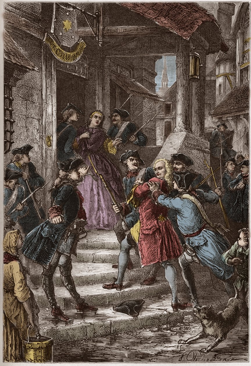 Prisão de Voltaire e sua sobrinha na Prússia, por ordem de Frederico o Grande - gravura de "L