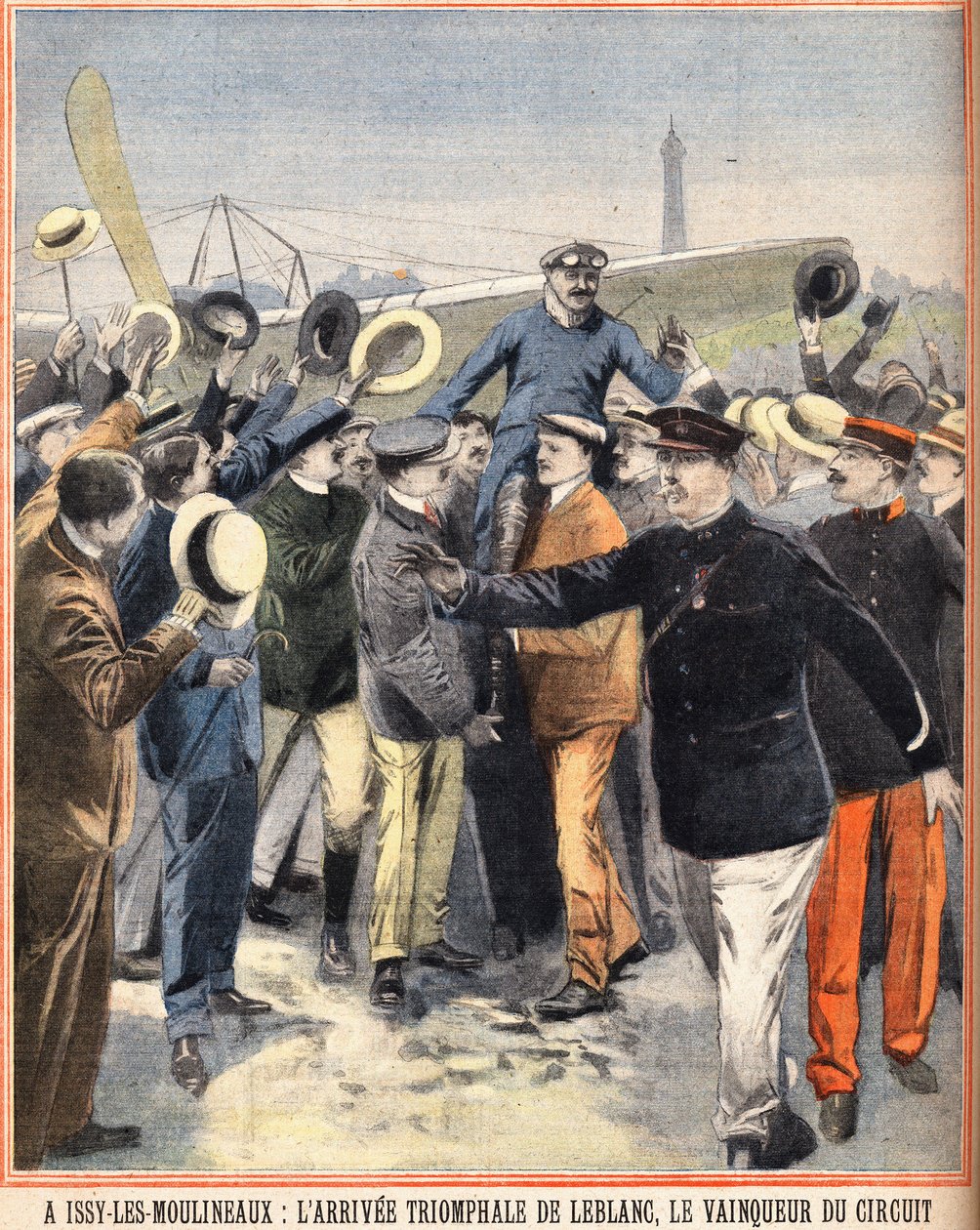 Chegada triunfal de Alfred LeBlanc (1869-1921), piloto francês, vencedor do circuito aéreo em Issy Les Moulineaux (Issy-Les-Moulineaux). Gravação em "Le petit parisien" em 14/08/1910 de Anonymous Anonymous