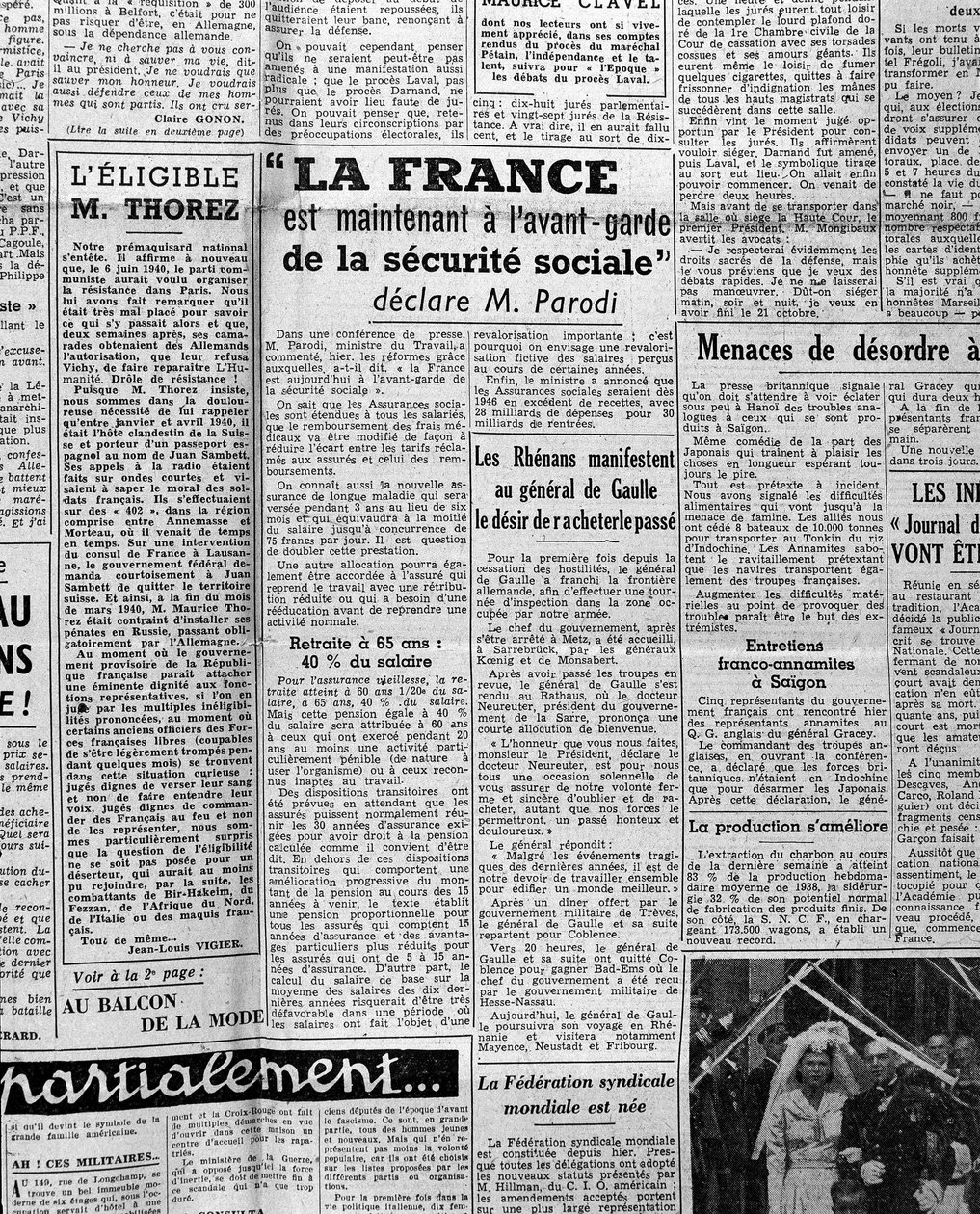 Artigo sobre a segurança social: "A França está agora na linha da frente da segurança social diz o Sr. Parodi" 1945 de Anonymous Anonymous