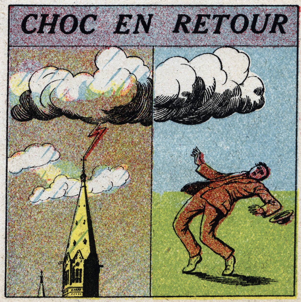 Eletricidade atmosférica: choque em retorno. Um homem é eletrocutado porque está no campo de influência de uma zona relâmpago. Ilustração anônima de 1925. Coleção privada. de Anonymous Anonymous
