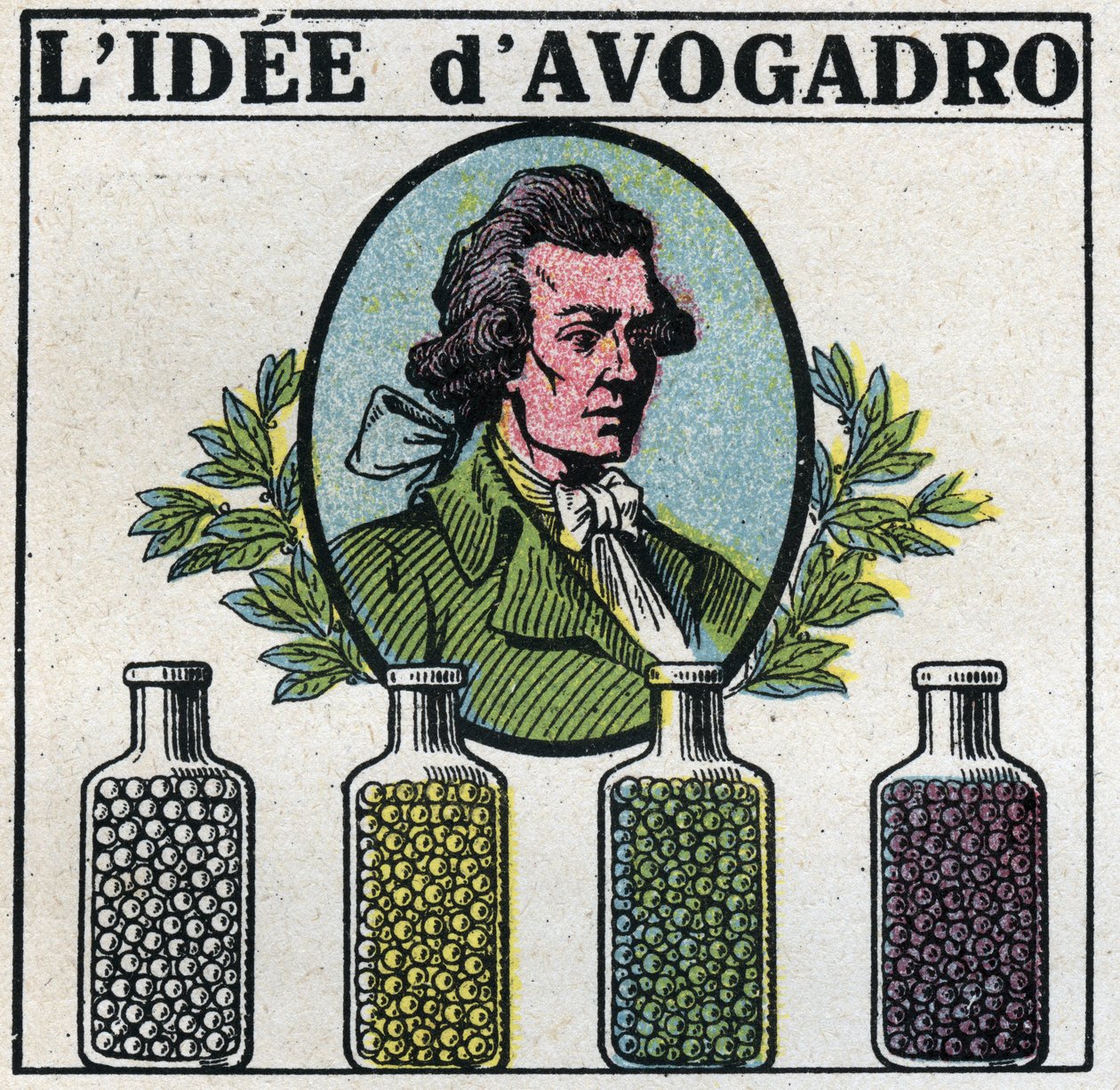 Átomos: A ideia de Amedeo Avogadro (1776-1856). Ilustração anônima de 1925. Coleção privada. de Anonymous Anonymous