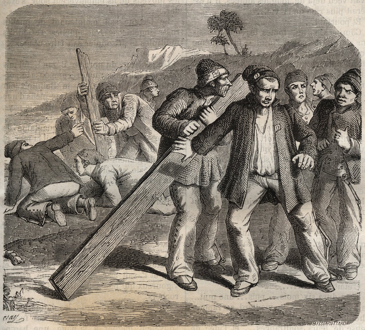 Tentativa de fuga no Forte de Belle-Ile-en-Mer (bela ilha no mar), no século XIX. Gravação em "Histoire des bagnes depuis leur création à nos jours" (1877) por Pierre Zaccone (1817-1895) (Colonia Penale - colônia penal). Coleção particular. de Anonymous Anonymous