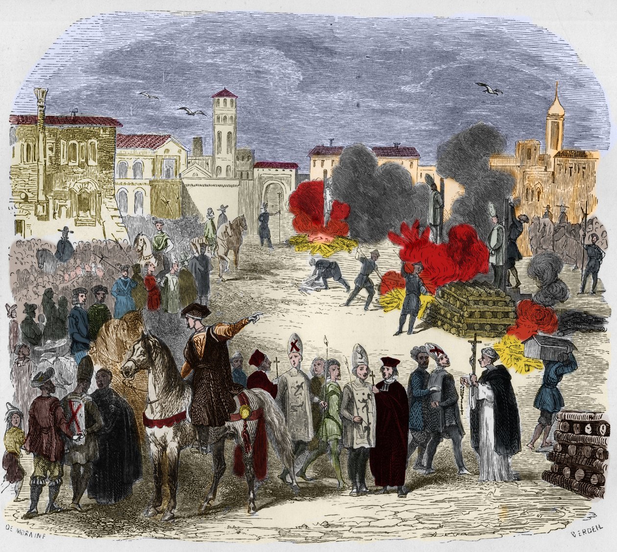 Autodafe (auto da fe) (auto da-fe) no século XVI. Ilustração em "Mysteres of the Inquisition and Other Secret Societies of Spain" de Victor de Fereal, Suberwick, Manuel Galo de Cuendias. Publicado por P. Boizard de Anonymous Anonymous
