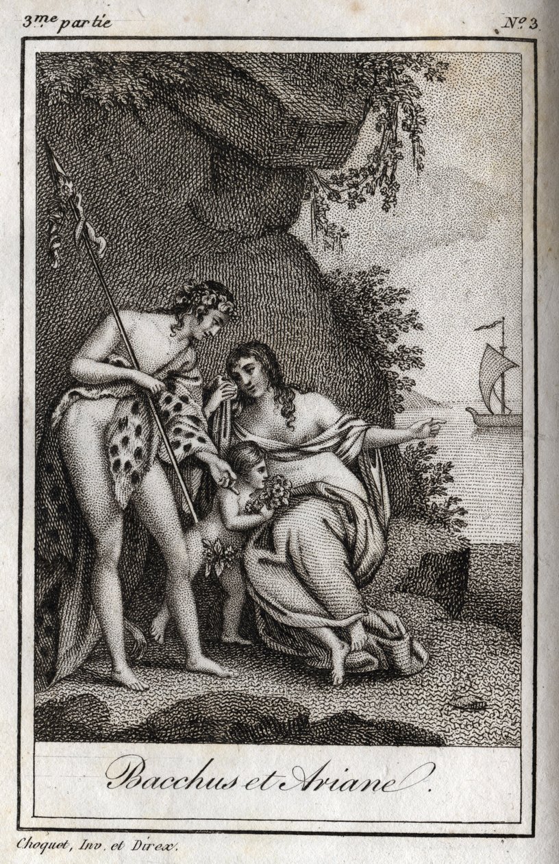Bacchus et Ariane (Bacchus e Ariadne) Gravação de 1819 em "Lettres a Emilie sur la mythologie" de Charles Albert Demoustier (1760-1801). Coleção particular. de Anonymous Anonymous
