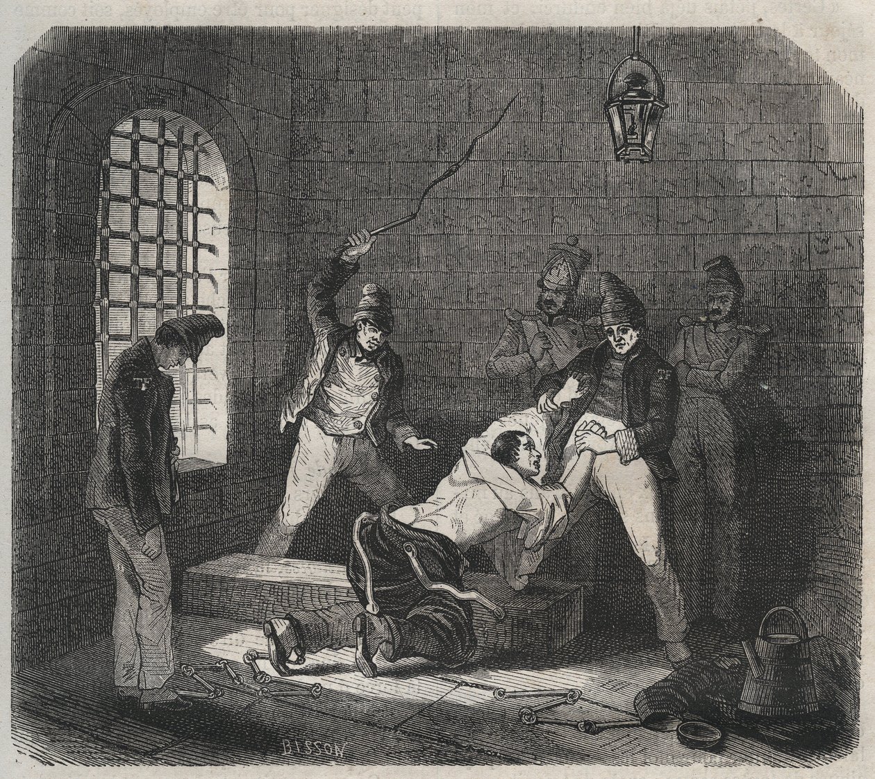 Bagne de Brest: caning. Gravura em "Histoire des bagnes depuis leur création à nos jours" (1877) de Pierre Zaccone (1817-1895) (Colonia Penale - colônia penal). Colecção privada. de Anonymous Anonymous