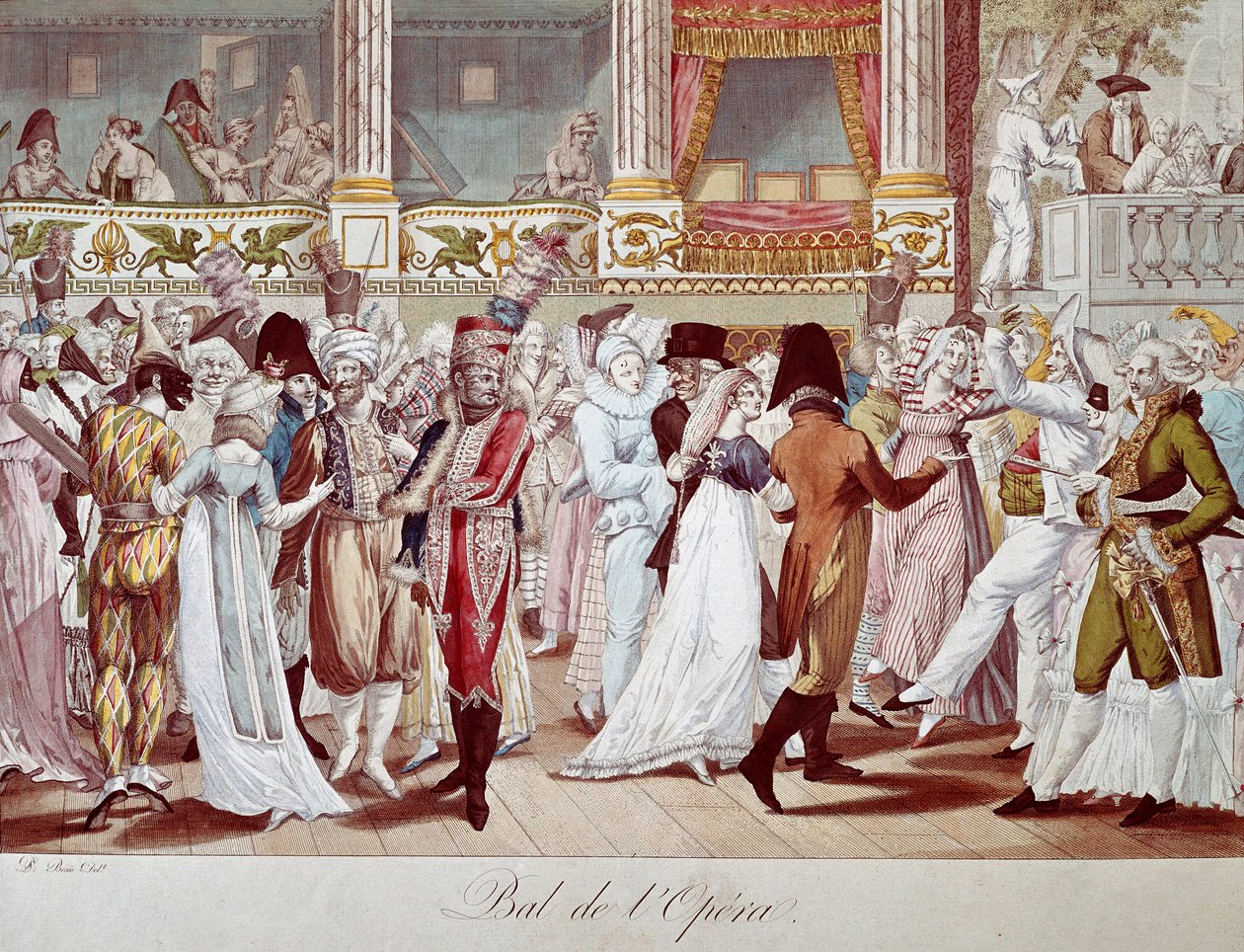 Máscara de bola na Ópera de Paris. Litografia de Bosio. Paris do século XIX, Musee Carnavalet de Anonymous Anonymous