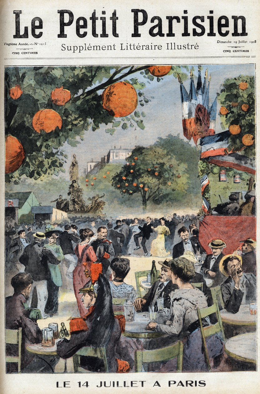 Baile de 14 de Julho em Paris. Um dos jornais "Le petit parisien" em 19/07/1908. Colecção privada. de Anonymous Anonymous