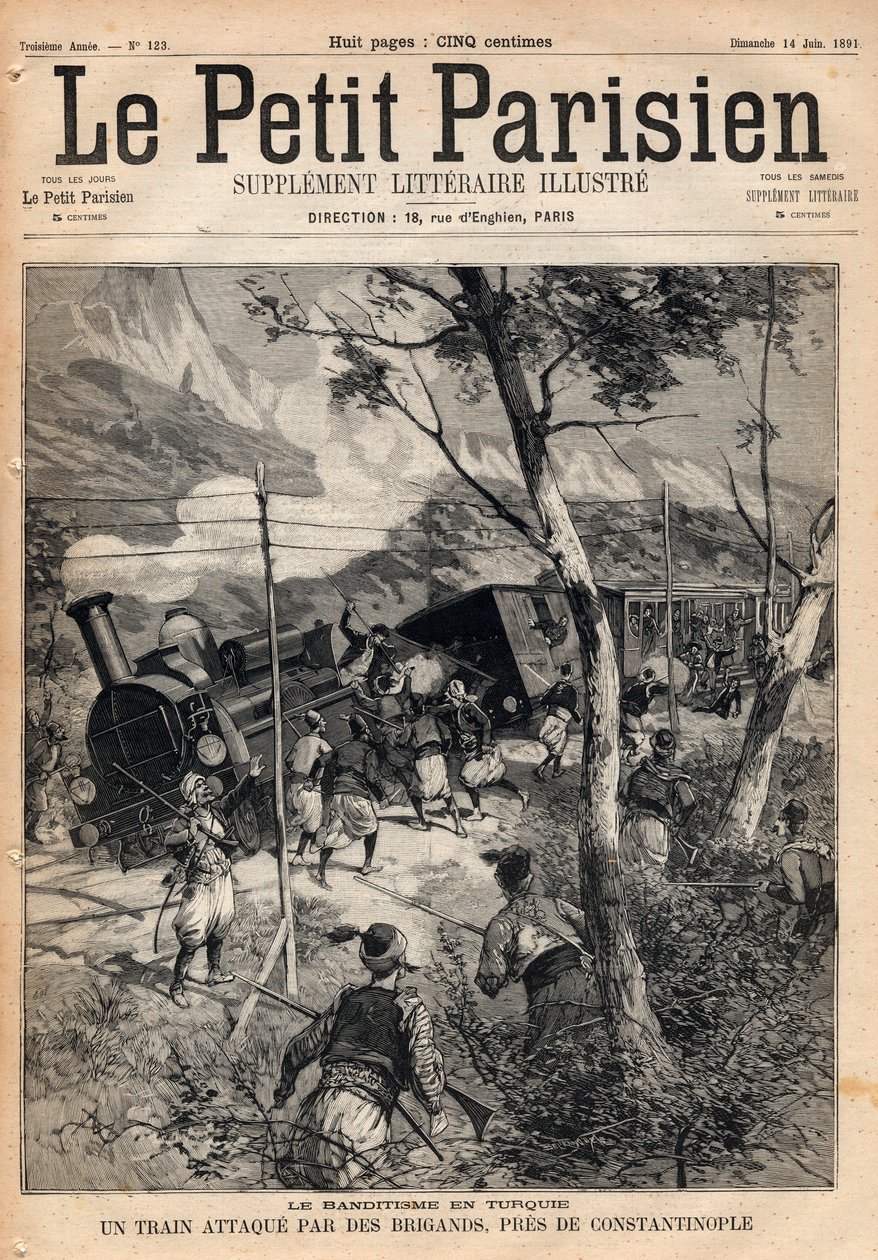 Banditismo na Turquia, um comboio atacado por assaltantes perto de Constantinopla. Gravura em "Le petit Parisien", de 1891. Colecção privada. de Anonymous Anonymous