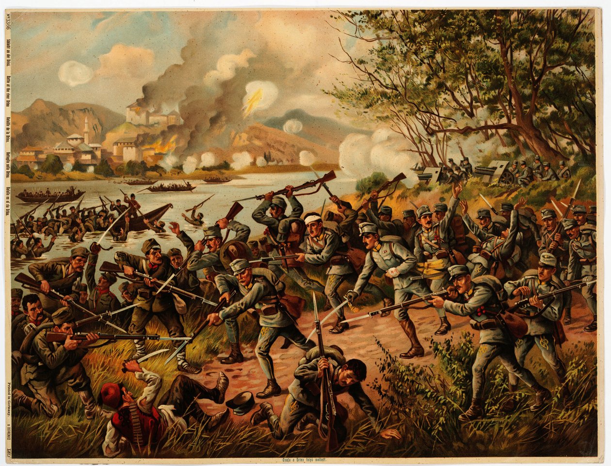 Bataille de la Drina (Bosnie, Serbie) 1914 - A Batalha de Drina - Anónimo - 1914 - Litografia a cores - 39x52,2 - Colecção Privada de Anonymous Anonymous