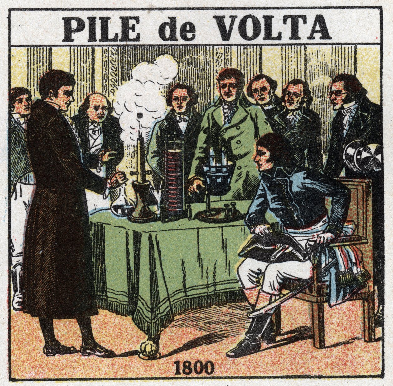 Baterias e acumuladores: Alessandro (Alexandre) Volta (1745-1827) apresentou em 1801 ao cônsul Napoleão Bonaparte (1769-1821) no Institut National de France os resultados das suas experiências que lhe permitiram inventar a bateria eléctrica. Anônimo il de Anonymous Anonymous
