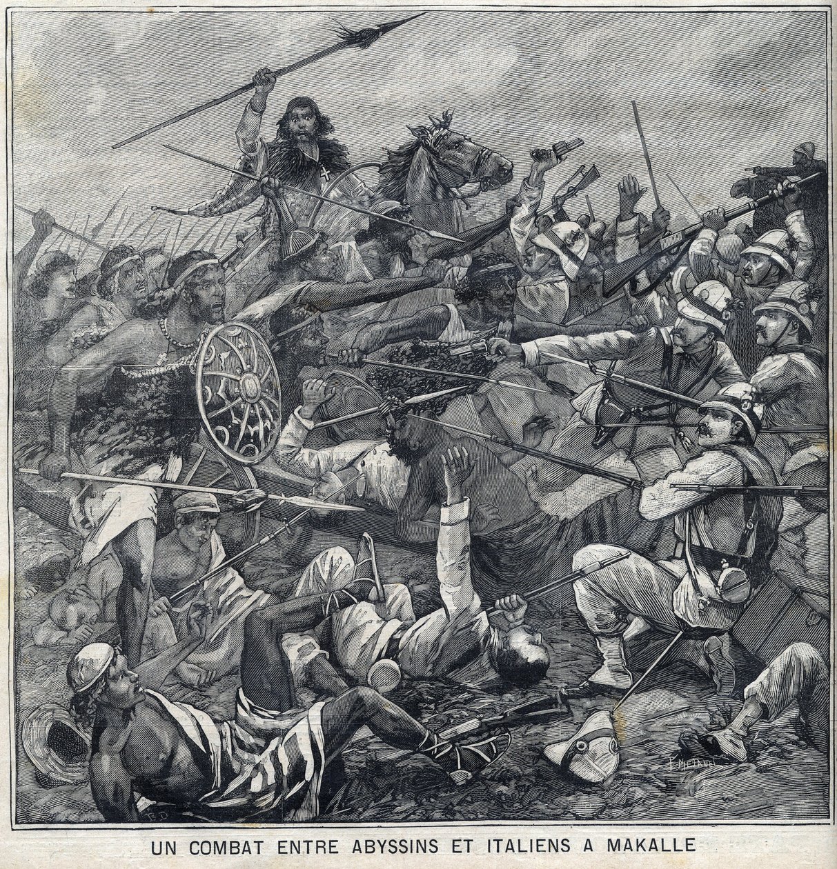 Batalha entre Abissínos de Menelik II e italianos em Makalle, Etiópia. Gravação em "Le Petite Parisien". de Anonymous Anonymous