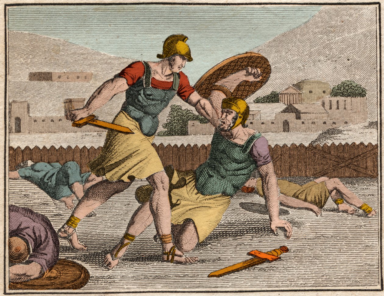 Batalha de Cavalos e Curiaces - Batalha entre Horatii e Curiatii - Gravura do "The Rollin of Youth or Selected Pieces of Ancient and Roman Stories" 1816 - Coleção particular de Anonymous Anonymous